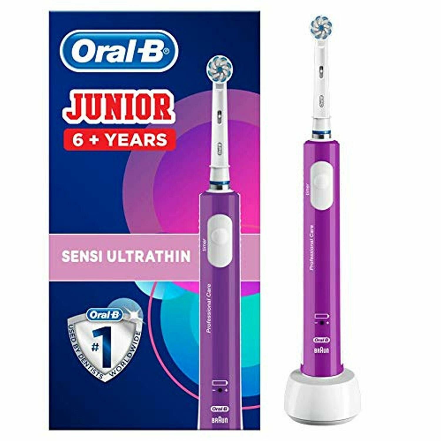 Oral-B Junior Sensi Ultra Thin Kids Electric Rechargeable Toothbrush Aged 6 Years Plus Purple