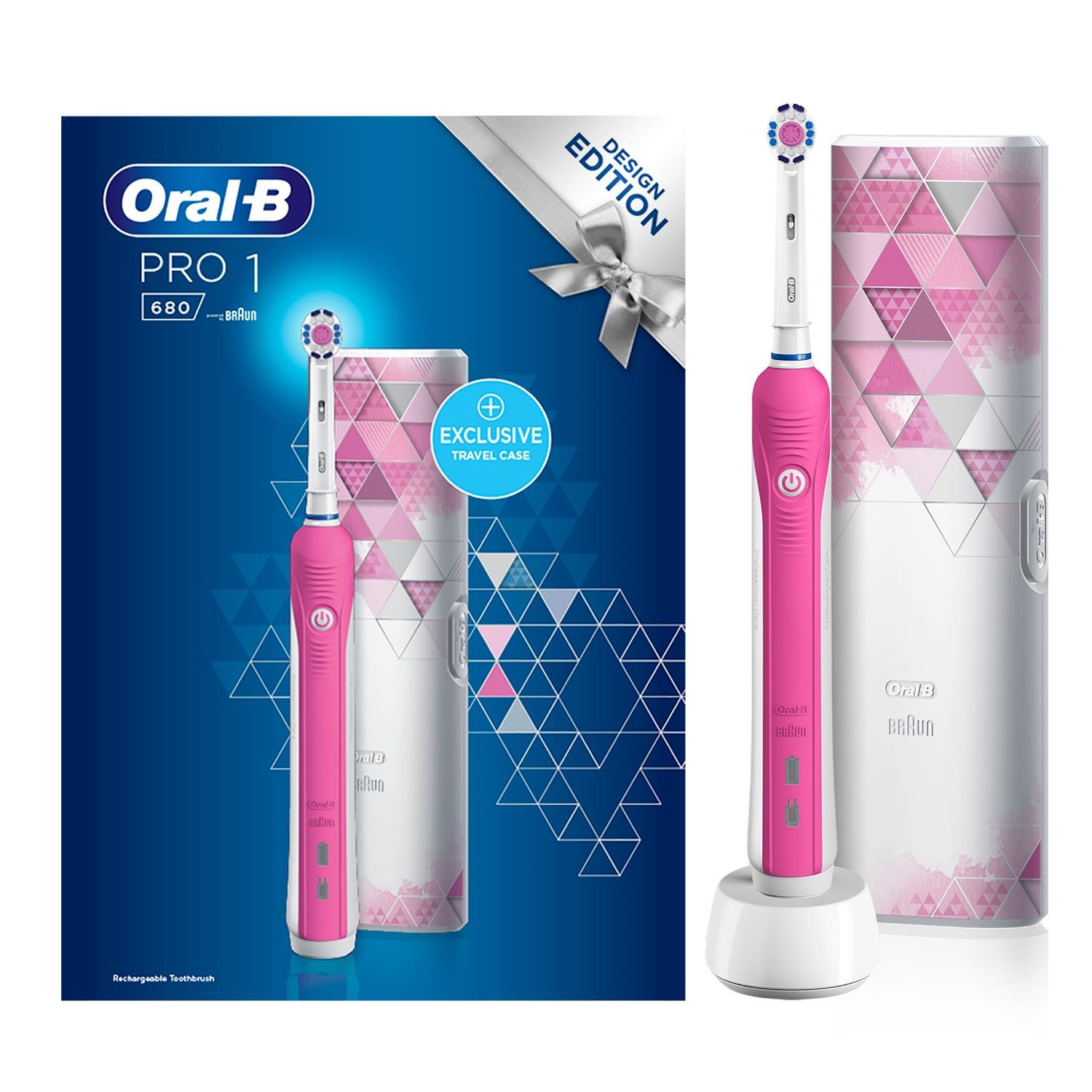 Oral-B Pro 680 3D Electric Toothbrush Pink & White With Travel Case