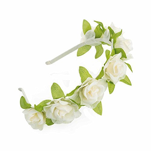Top Kids Accessories Girls Floral With Green Leaves Head Band Perfect Bridesmaid, Flower Girls (Ivory Cream)