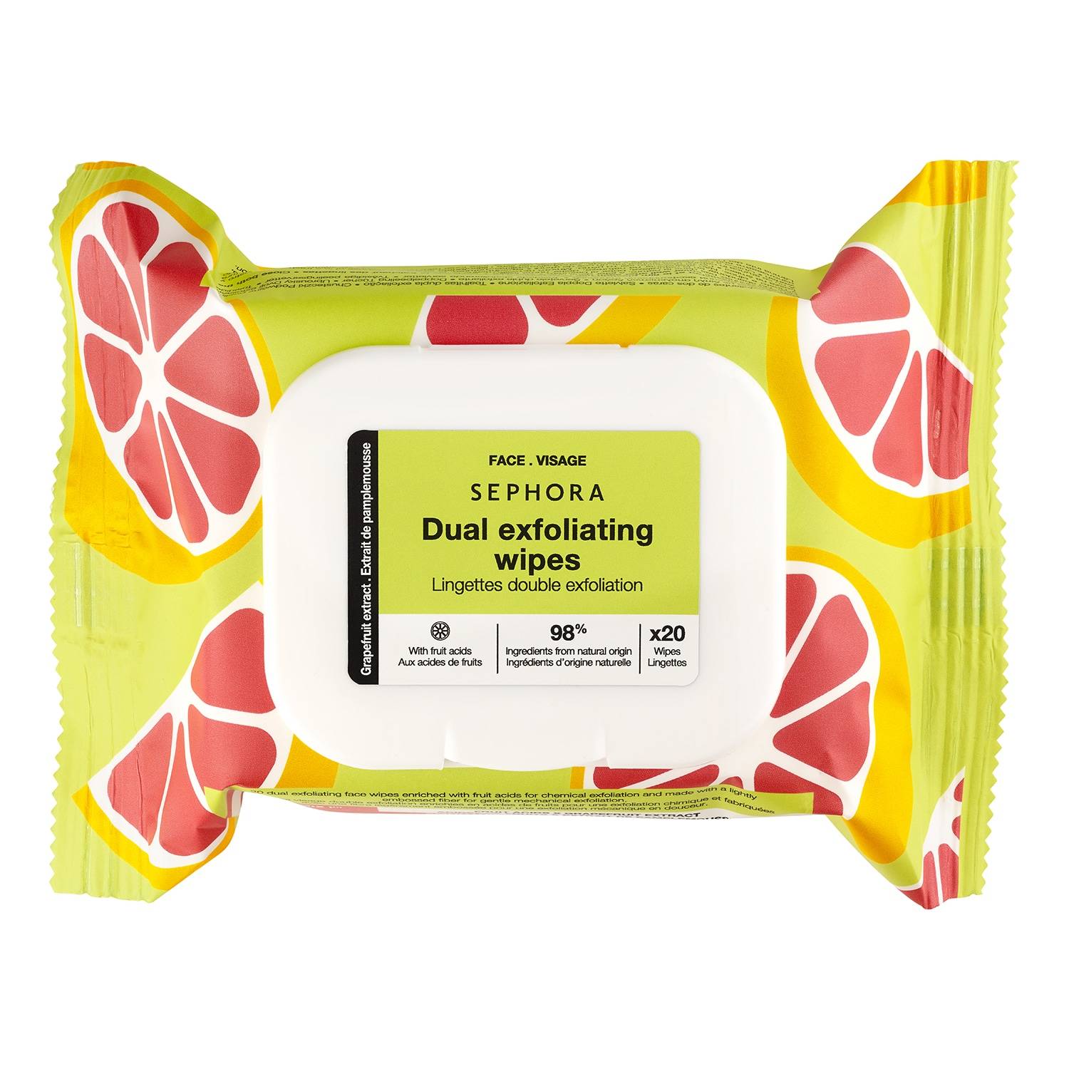 Sephora Collection Dual Exfoliating Wipes Grapefruit Extract + Fruit Acids X 20