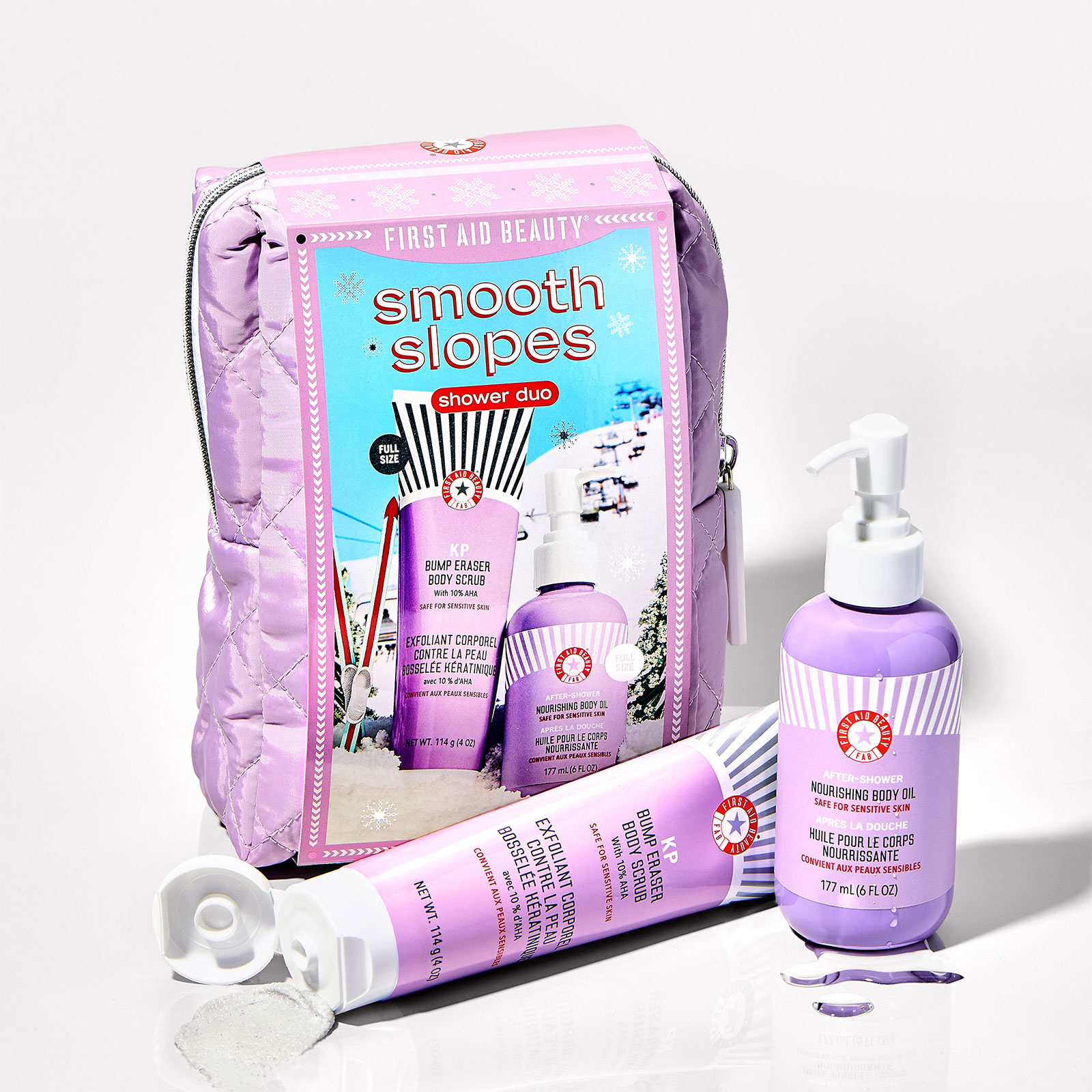 First Aid Beauty Smooth Slopes - Shower Duo Holiday Gift Set And Travel Bag Kp Bump Eraser Body Scrub 113G And After-Shower Nourishing Body Oil 177Ml