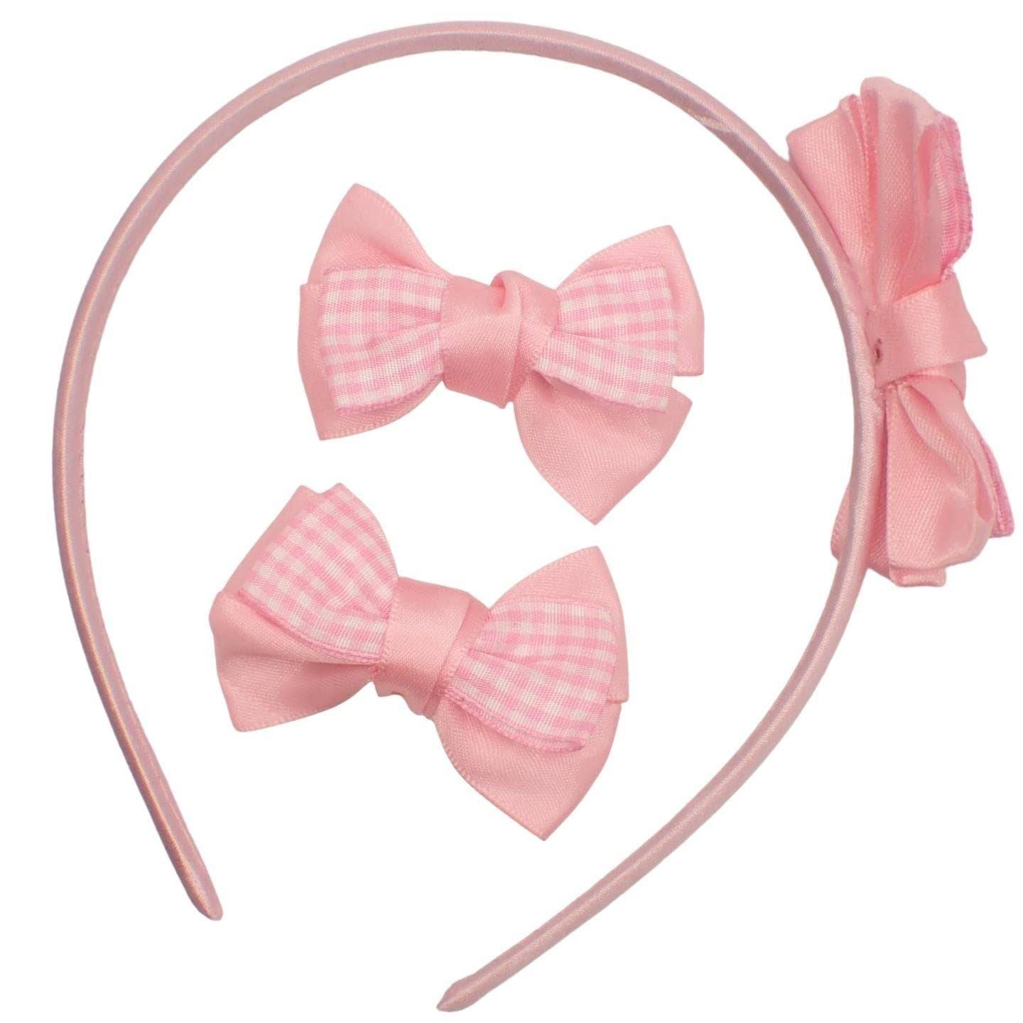 Topkids Accessories 1Cm Gingham Satin Bow Alice Band With Bow Clips, 3Pcs School Hair Accessories Fo
