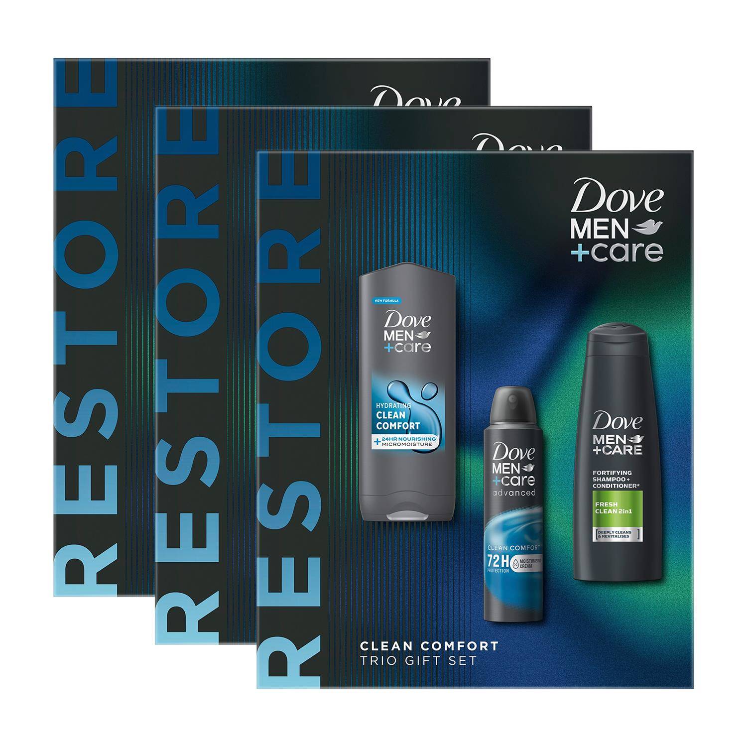 Dove Men+Care Restore Clean Comfort Bath And Body 3Pcs Gift Set For Him, 3Pk