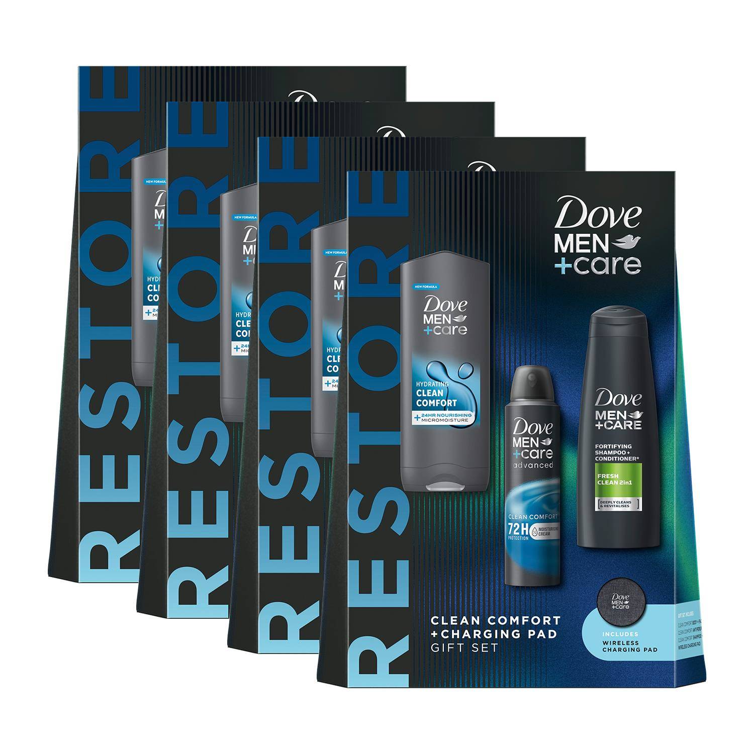 Dove Men+Care Restore Clean Comfort 3Pcs Gift Set For Him W/ Charging Pad, 4Pk