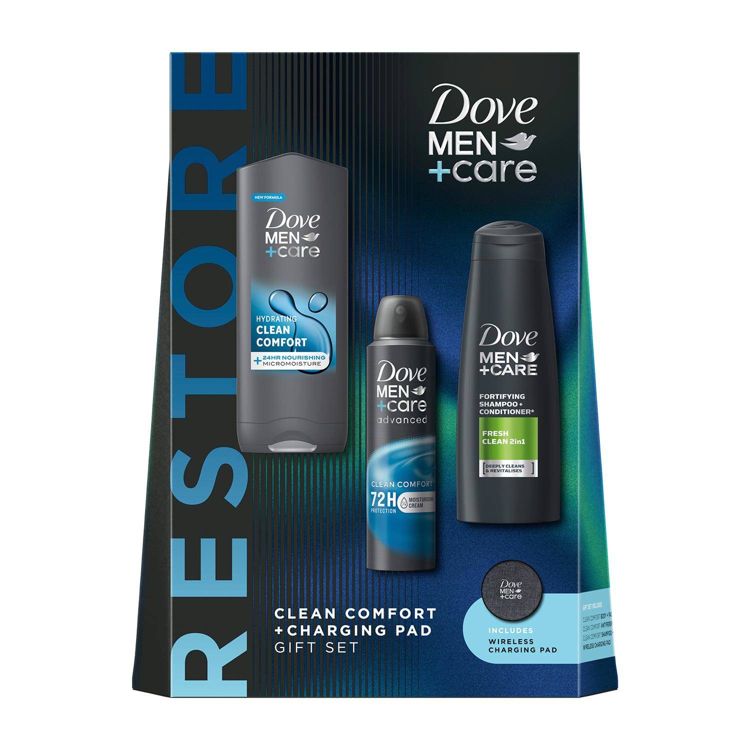 Dove Men+Care Restore Clean Comfort Bath & Body Gift Set For Him W/ Charging Pad