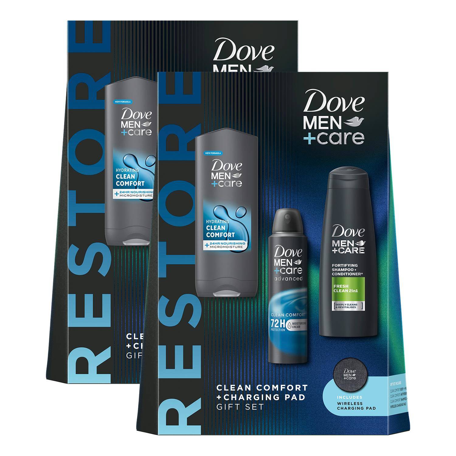 Dove Men+Care Restore Clean Comfort 3Pcs Gift Set For Him W/ Charging Pad, 2Pk